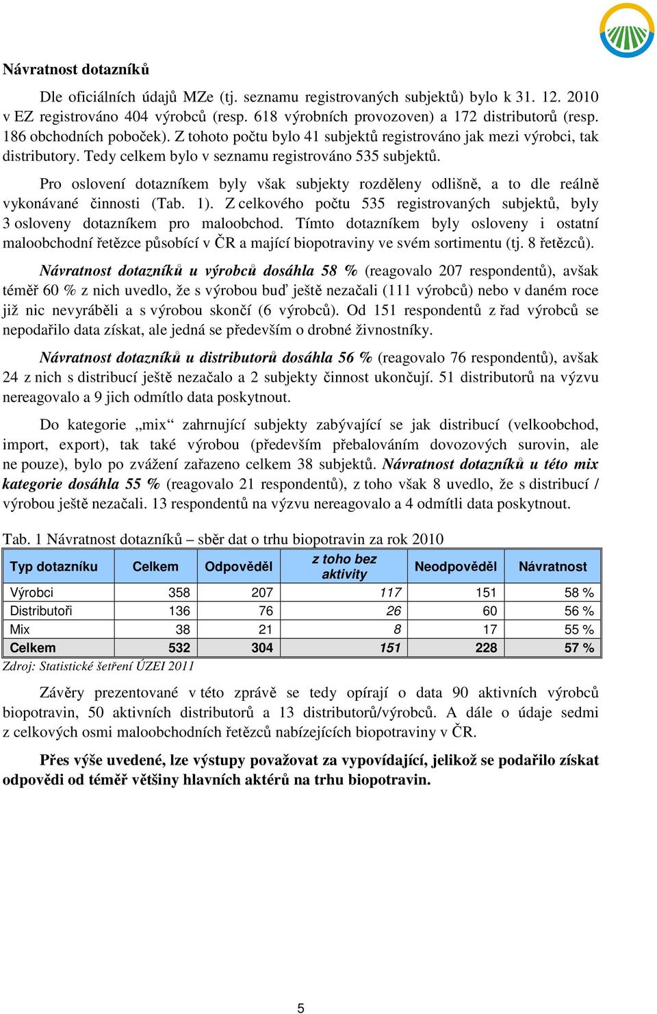 Pro oslovení dotazníkem byly však subjekty rozděleny odlišně, a to dle reálně vykonávané činnosti (Tab. 1). Z celkového počtu 535 registrovaných subjektů, byly 3 osloveny dotazníkem pro maloobchod.