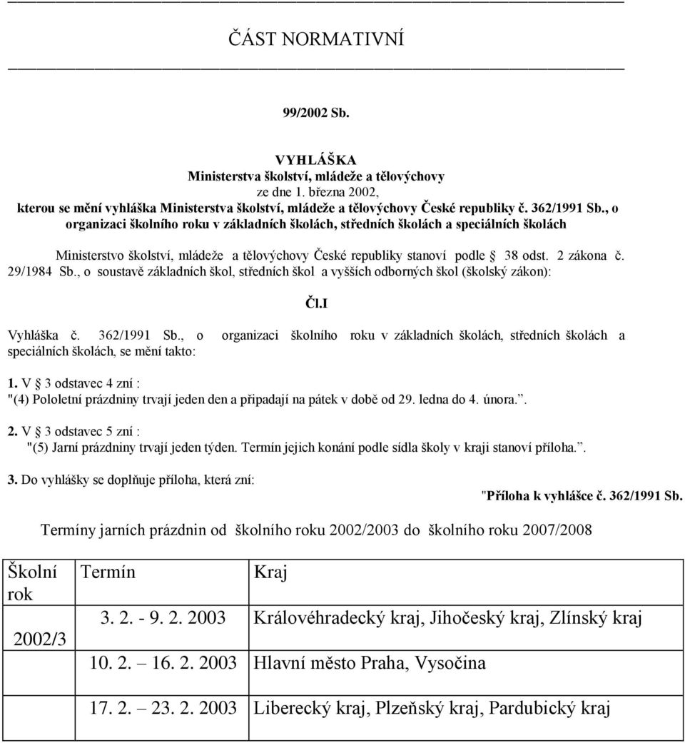29/1984 Sb., o soustavě základních škol, středních škol a vyšších odborných škol (školský zákon): Čl.I Vyhláška č. 362/1991 Sb.