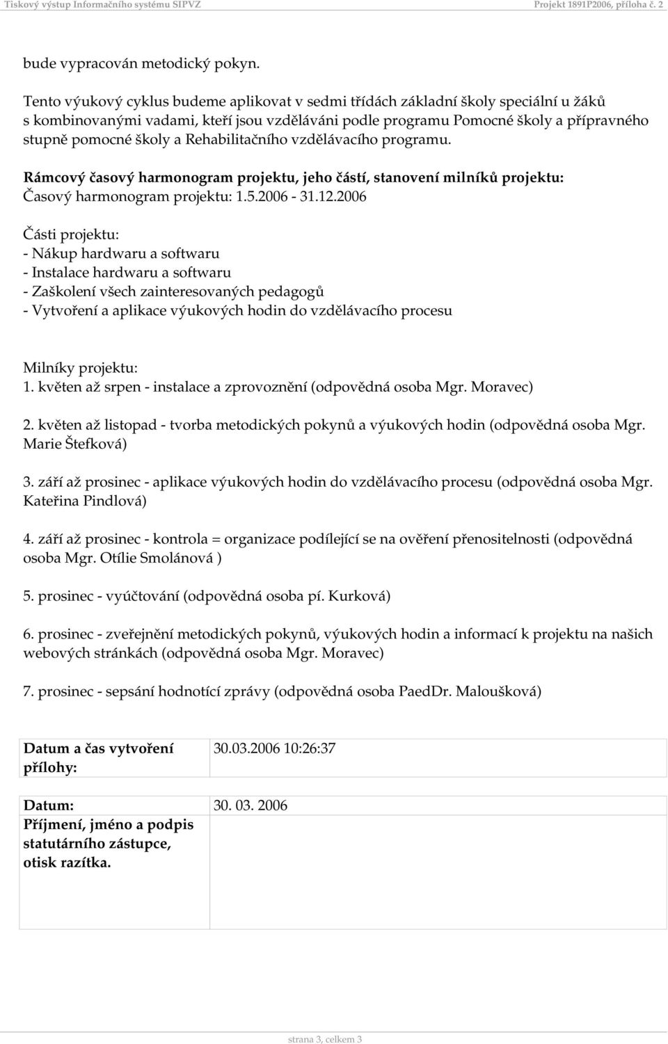 Rehabilitačního vzdělávacího programu. Rámcový časový harmonogram projektu, jeho částí, stanovení milníků projektu: Časový harmonogram projektu: 1.5.2006-31.12.