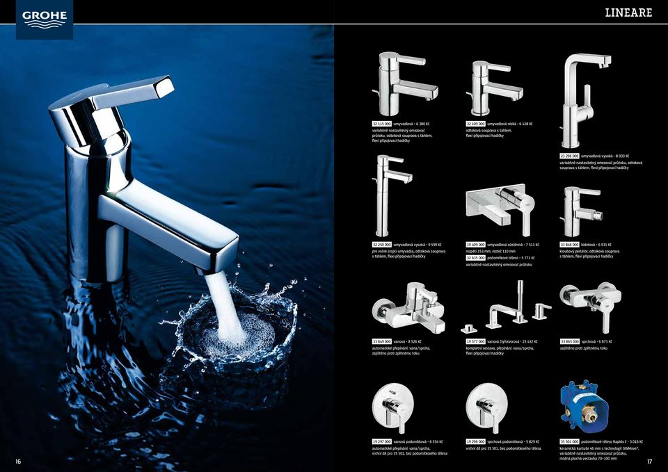 souprava 19 409 000 umyvadlová nástěnná 7 511 Kč rozpětí 153 mm, rozteč 110 mm 32 635 000 podomítkové těleso 5 771 Kč variabilně nastavitelný omezovač průtoku 33 848 000 bidetová 6 931 Kč kloubový
