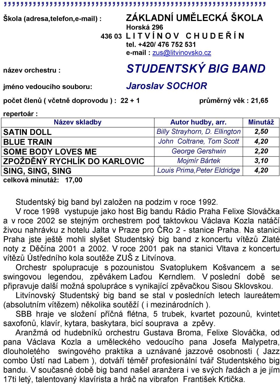 Ellington 2,50 BLUE TRAIN John Coltrane, Tom Scott 4,20 SOME BODY LOVES ME George Gershwin 2,20 ZPOŢDĚNÝ RYCHLÍK DO KARLOVIC Mojmír Bártek 3,10 SING, SING, SING Louis Prima,Peter Eldridge 4,20