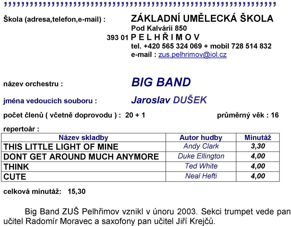 Autor hudby Minutáţ THIS LITTLE LIGHT OF MINE Andy Clark 3,30 DONT GET AROUND MUCH ANYMORE Duke Ellington 4,00 THINK Ted White 4,00 CUTE Neal