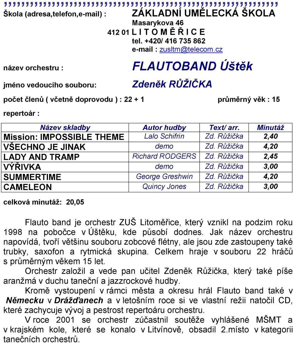 Růžička 2,40 VŠECHNO JE JINAK demo Zd. Růžička 4,20 LADY AND TRAMP Richard RODGERS Zd. Růžička 2,45 VÝŘIVKA demo Zd. Růžička 3,00 SUMMERTIME George Greshwin Zd. Růžička 4,20 CAMELEON Quincy Jones Zd.