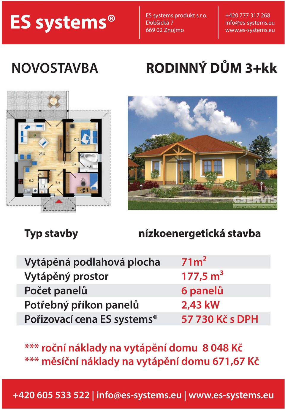 2,43 kw Pořizovací cena ES systems 57 730 Kč s DPH *** roční náklady na vytápění domu