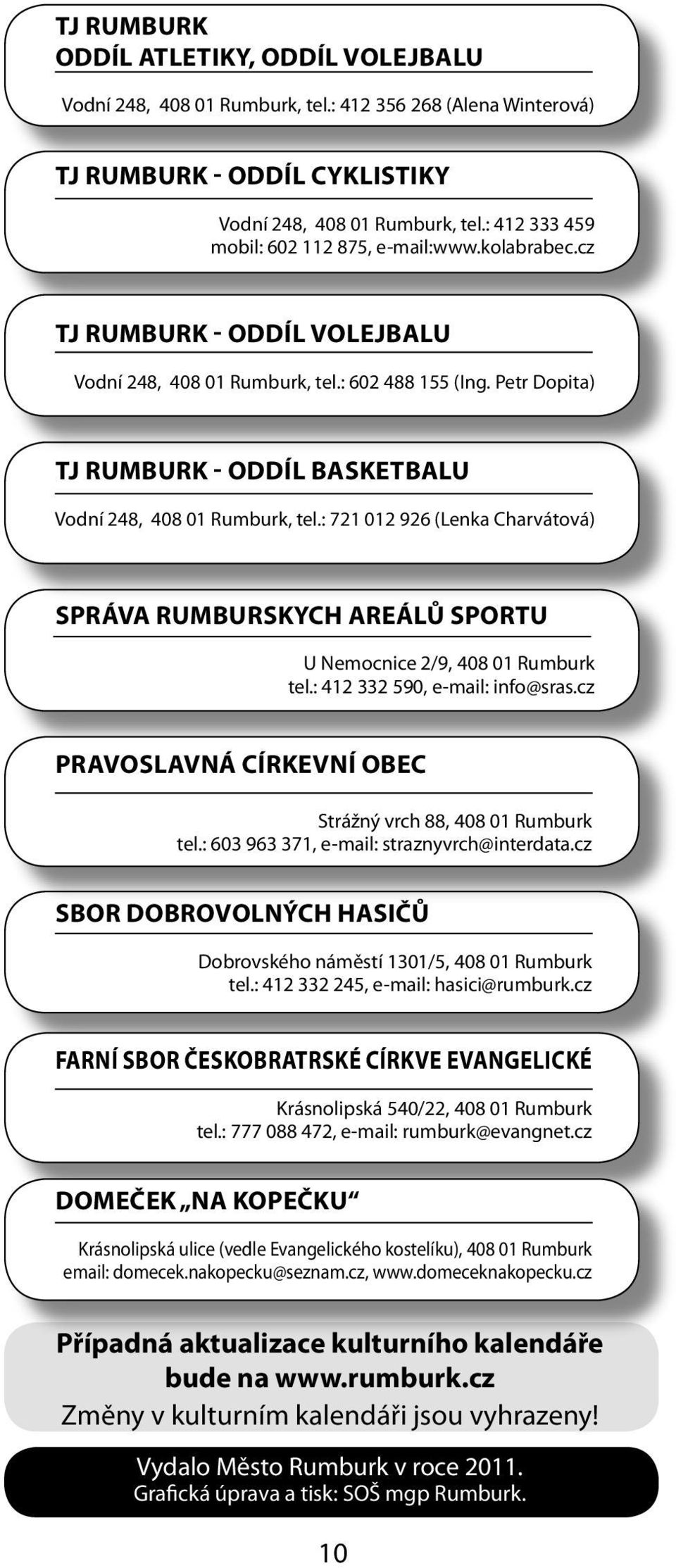 Petr Dopita) TJ RUMBURK - ODDÍL BASKETBALU Vodní 248, 408 01 Rumburk, tel.: 721 012 926 (Lenka Charvátová) SPRÁVA RUMBURSKYCH AREÁLŮ SPORTU U nemocnice 2/9, 408 01 Rumburk tel.