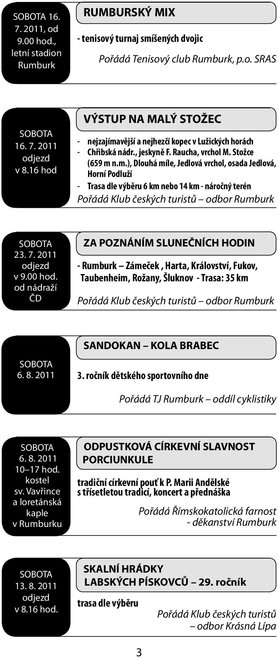 7. 2011 v 9.00 hod. od nádraží ČD ZA POZNÁNÍM SLUNEČNÍCH HODIN - Rumburk Zámeček, Harta, Království, Fukov, Taubenheim, Rožany, Šluknov - Trasa: 35 km 6. 8. 2011 SANDOKAN KOLA BRABEC 3.