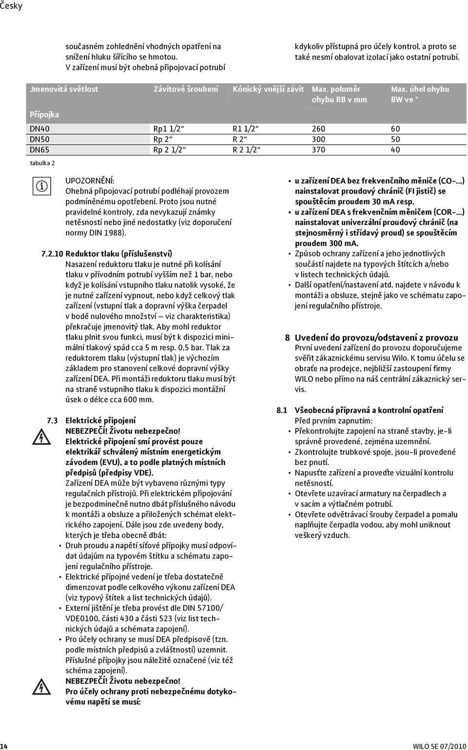 Jmenovitá světlost Závitové šroubení Kónický vnější závit Max. poloměr ohybu RB v mm Přípojka DN40 Rp1 1/2 R1 1/2 260 60 DN50 Rp 2 R 2 300 50 DN65 Rp 2 1/2 R 2 1/2 370 40 tabulka 2 Max.