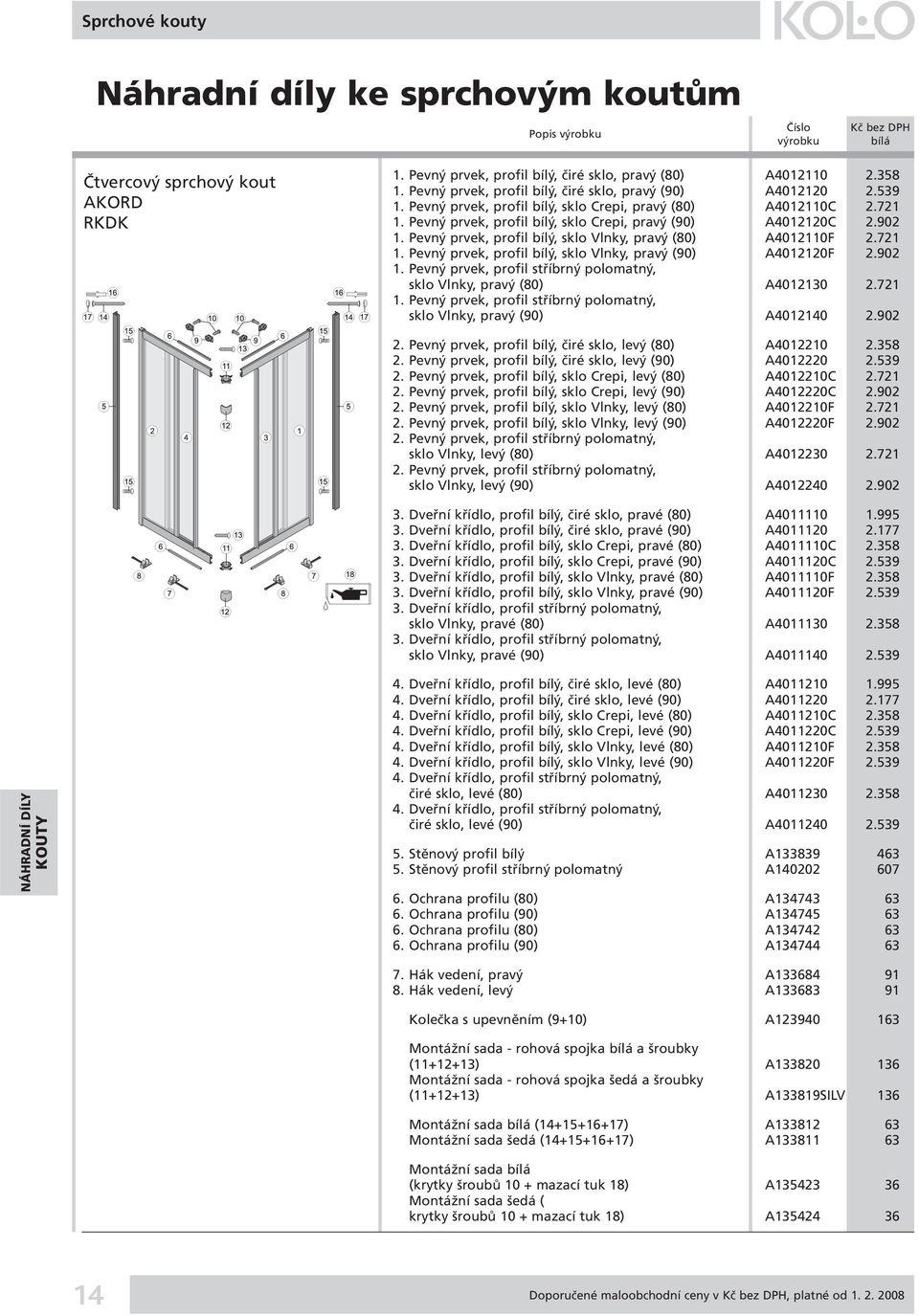 721 1. Pevný prvek, profil bílý, sklo Vlnky, pravý (90) A4012120F 2.902 1. Pevný prvek, profil stříbrný polomatný, sklo Vlnky, pravý (80) A4012130 2.721 1. Pevný prvek, profil stříbrný polomatný, sklo Vlnky, pravý (90) A4012140 2.