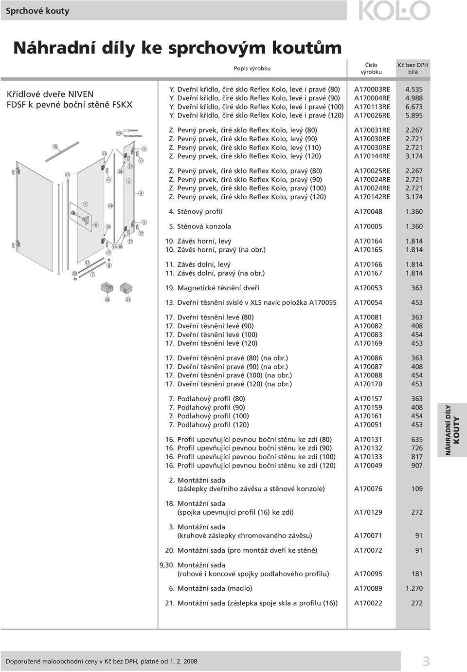 Dveřní křídlo, čiré sklo Reflex Kolo, levé i pravé (120) A170026RE 5.895 Z. Pevný prvek, čiré sklo Reflex Kolo, levý (80) A170031RE 2.267 Z. Pevný prvek, čiré sklo Reflex Kolo, levý (90) A170030RE 2.