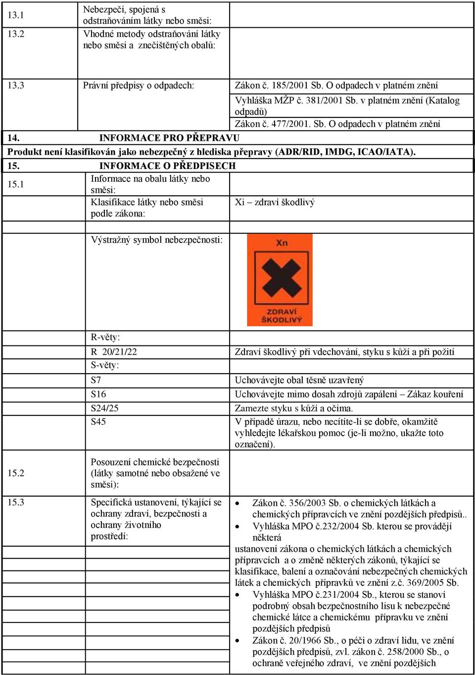 INFORMACE PRO PŘEPRAVU Produkt není klasifikován jako nebezpečný z hlediska přepravy (ADR/RID, IMDG, ICAO/IATA). 15. INFORMACE O PŘEDPISECH 15.