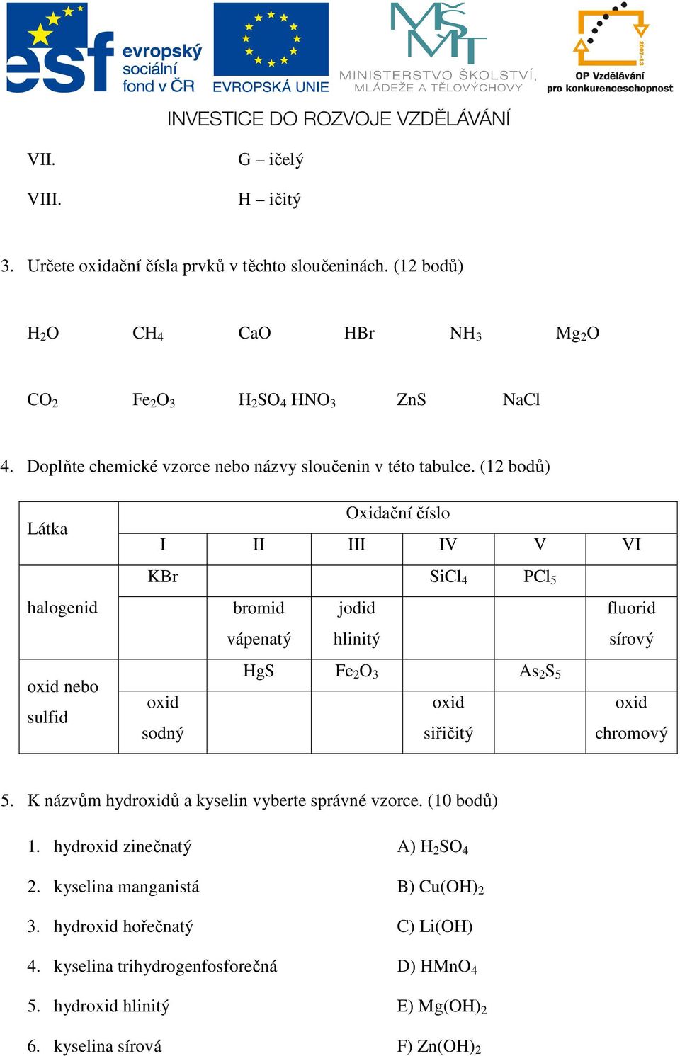 (12 bodů) Látka Oxidační číslo I II III IV V VI halogenid KBr SiCl 4 PCl 5 bromid vápenatý jodid hlinitý fluorid sírový oxid nebo sulfid oxid sodný HgS Fe 2 O 3 As 2 S 5
