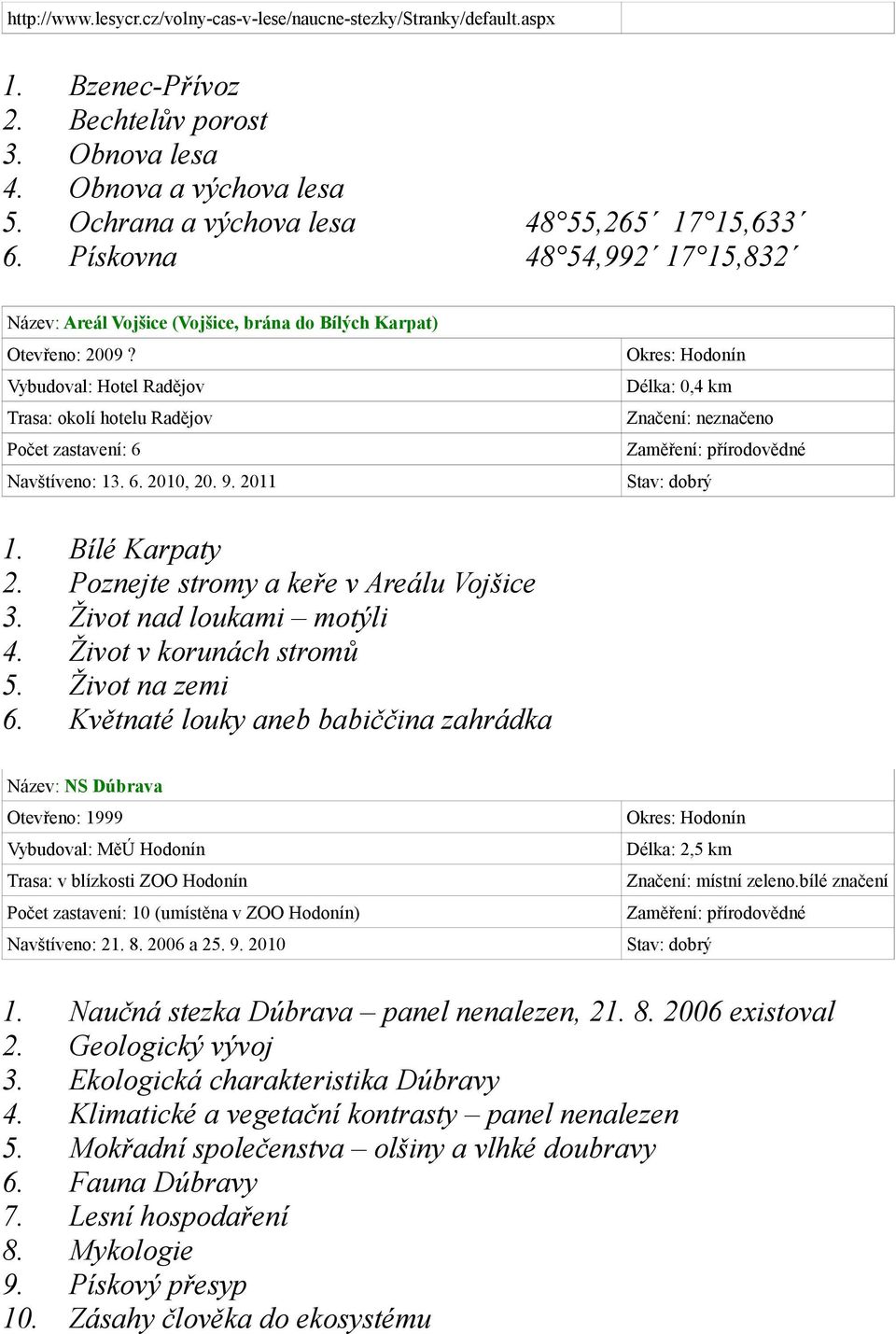 9. 2011 0,4 km Značení: neznačeno Zaměření: přírodovědné 1. Bílé Karpaty 2. Poznejte stromy a keře v Areálu Vojšice 3. Život nad loukami motýli 4. Život v korunách stromů 5. Život na zemi 6.