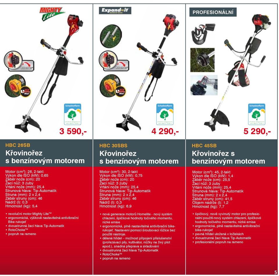 Tip-Automatik RotoChoke TM popruh na rameno HBC 30SBS Křovinořez Motor (cm 3 ): 30, 2-takt Výkon dle ISO (kw): 0,75 Záběr nože (cm): 20 Žací nůž: 3 zuby Vrtání nože (mm): 25,4 Strunová hlava: