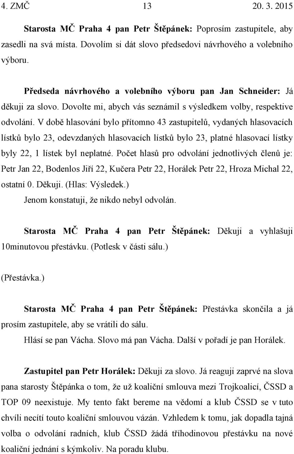 V době hlasování bylo přítomno 43 zastupitelů, vydaných hlasovacích lístků bylo 23, odevzdaných hlasovacích lístků bylo 23, platné hlasovací lístky byly 22, 1 lístek byl neplatné.