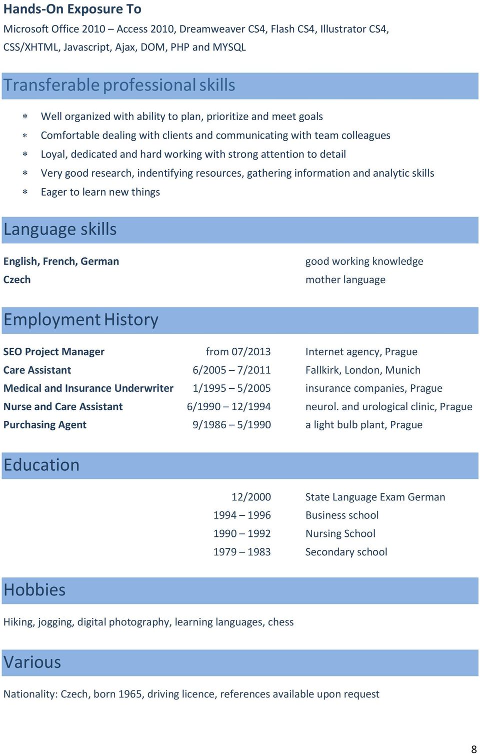 research, indentifying resources, gathering information and analytic skills Eager to learn new things Language skills English, French, German Czech good working knowledge mother language Employment