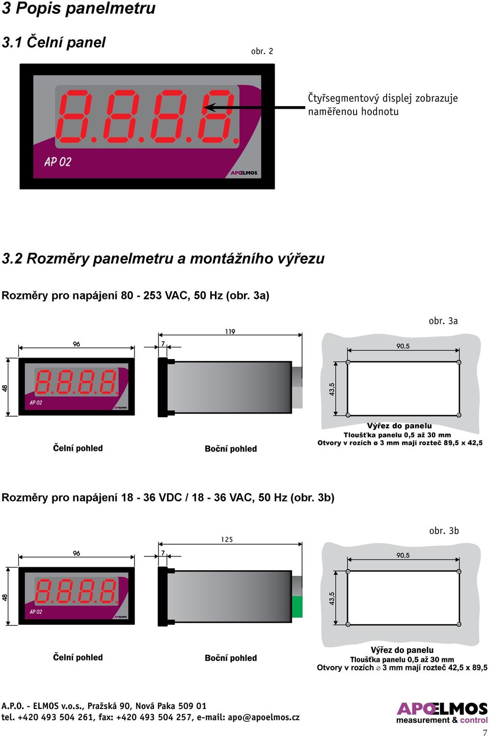 2 Rozměry panelmetru a montážního výřezu Rozměry pro napájení 80-253 VAC, 50 Hz (obr.