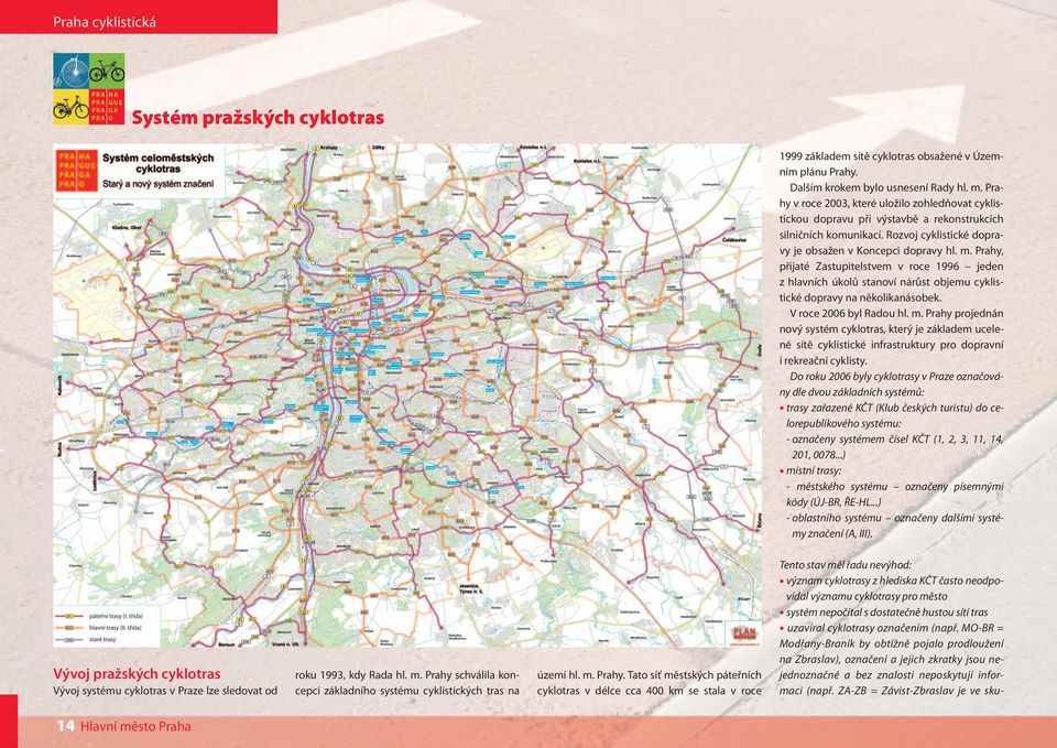 Prahy, přijaté Zastupitelstvem v roce 1996 jeden z hlavních úkolů stanoví nárůst objemu cyklistické dopravy na několikanásobek. V roce 2006 byl Radou hl. m.