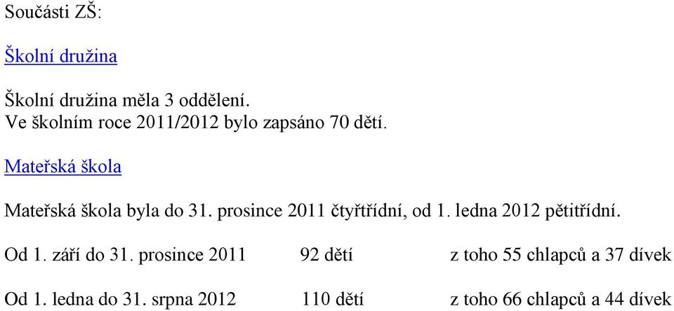 Mateřská škola Mateřská škola byla do 31. prosince 2011 čtyřtřídní, od 1.