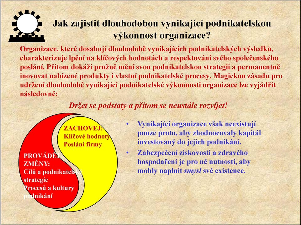 Přitom dokáží pružně mění svou podnikatelskou strategii a permanentně inovovat nabízené produkty i vlastní podnikatelské procesy.