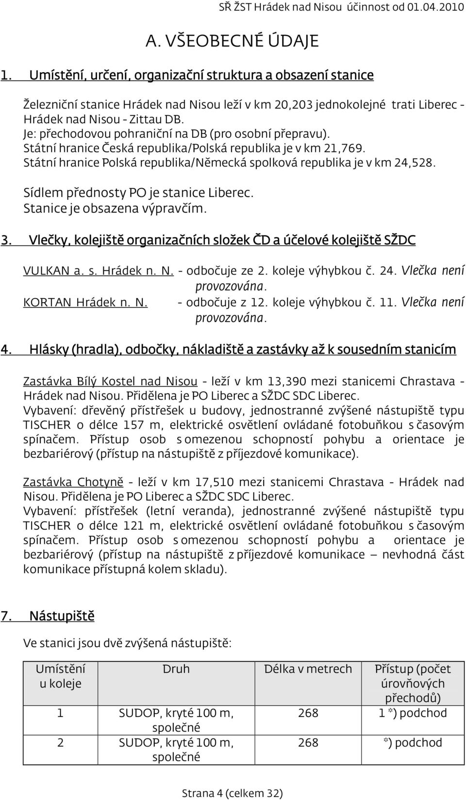 Sídlem přednosty PO je stanice Liberec. Stanice je obsazena výpravčím. 3. Vlečky, kolejiště organizačních složek ČD a účelové kolejiště SŽDC VULKAN a. s. Hrádek n. N. - odbočuje ze 2.