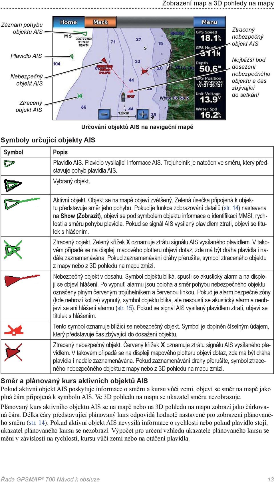 Trojúhelník je natočen ve směru, který představuje pohyb plavidla AIS. Vybraný objekt. Aktivní objekt. Objekt se na mapě objeví zvětšený.