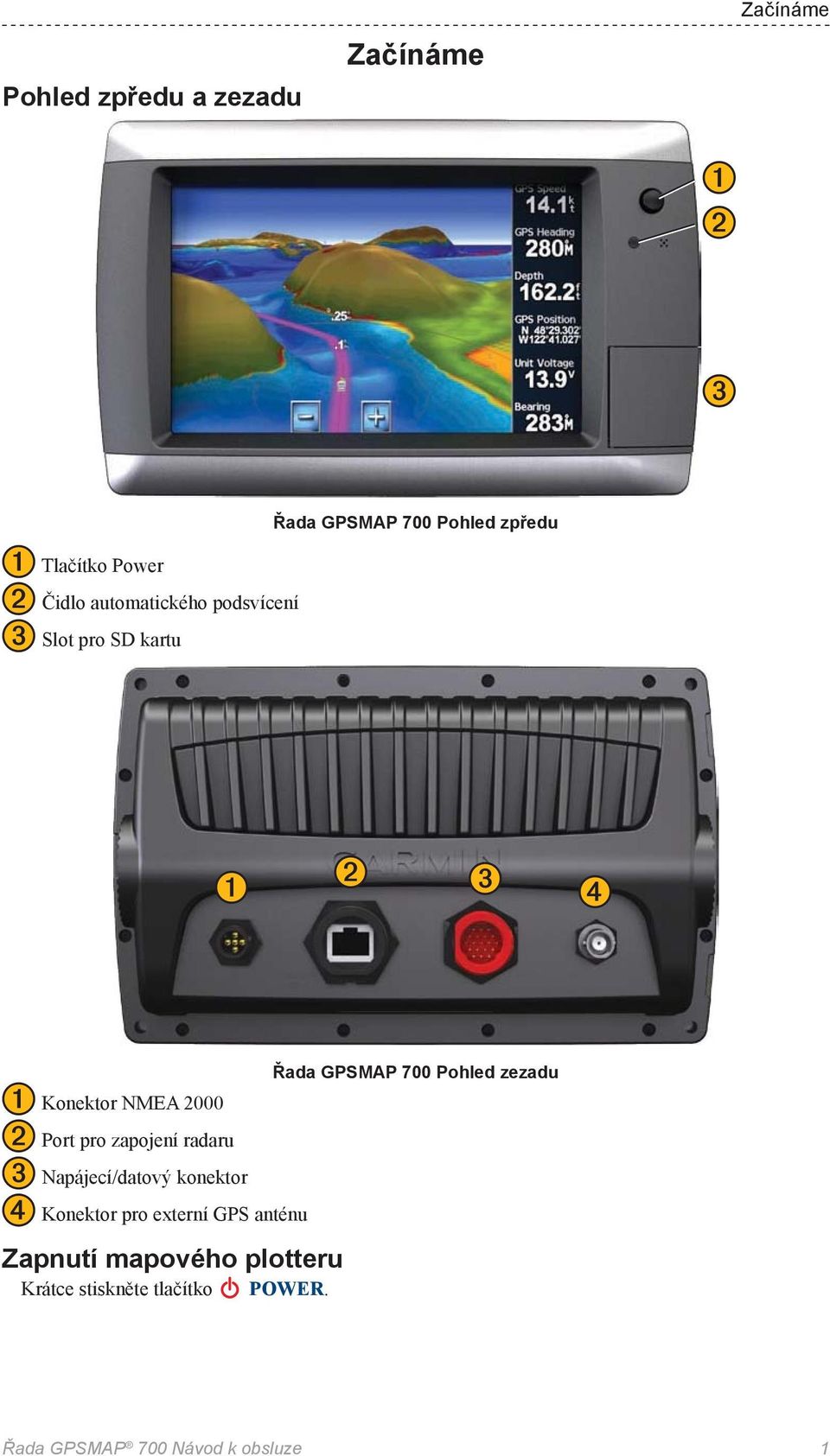 radaru Napájecí/datový konektor Konektor pro externí GPS anténu Zapnutí mapového plotteru