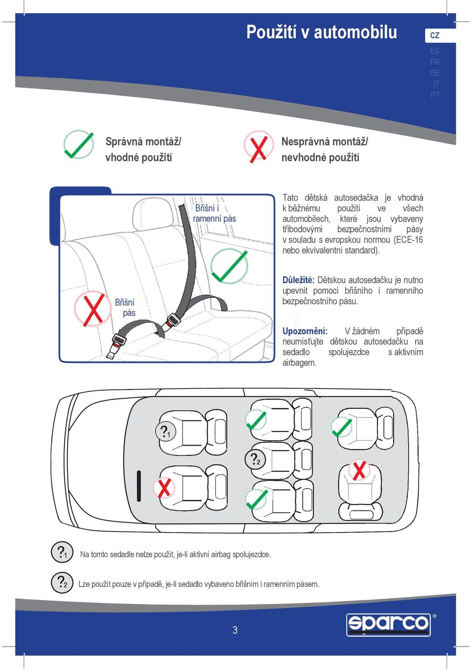 Břišní pás Důležité: Dětskou autosedačku je nutno upevnit pomocí břišního i ramenního bezpečnostního pásu.