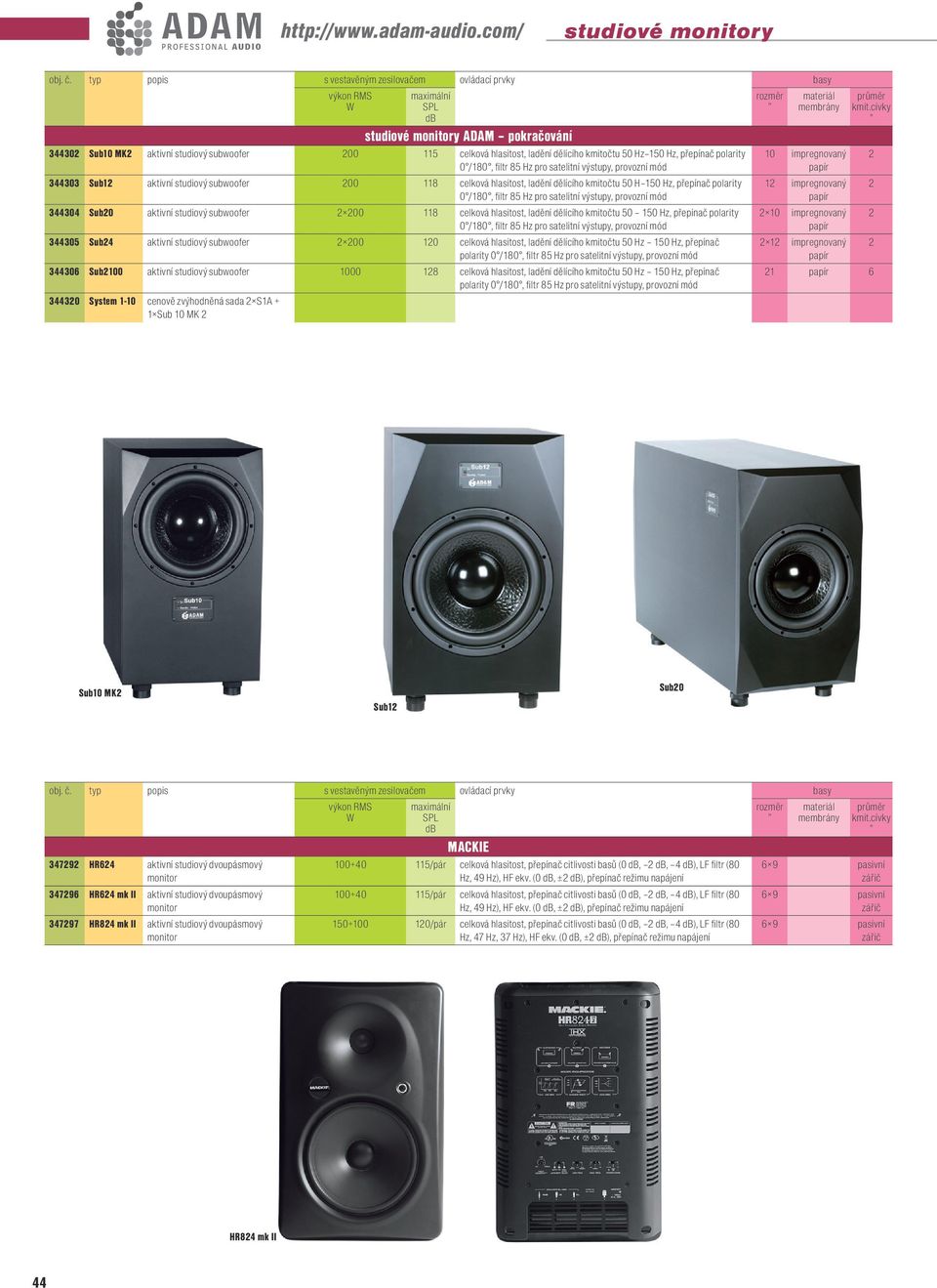 satelitní výstupy, provozní mód 344303 Sub1 aktivní studiový subwoofer 00 118 celková hlasitost, ladění dělícího kmitočtu 50 H 150, přepínač polarity 0 /180, filtr 85 pro satelitní výstupy, provozní