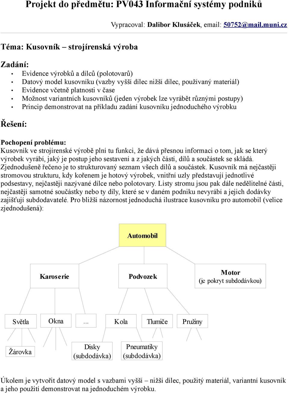 variantních kusovníků (jeden výrobek lze vyrábět různými postupy) Princip demonstrovat na příkladu zadání kusovníku jednoduchého výrobku Řešení: Pochopení problému: Kusovník ve strojírenské výrobě