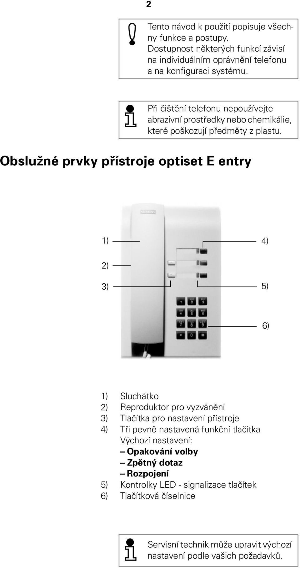 Obslužné prvky přístroje optiset E entry 1) 4) 2) 3) 5) 6) 1) 2) 3) 4) 5) 6) Sluchátko Reproduktor pro vyzvánění Tlačítka pro nastavení přístroje Tři