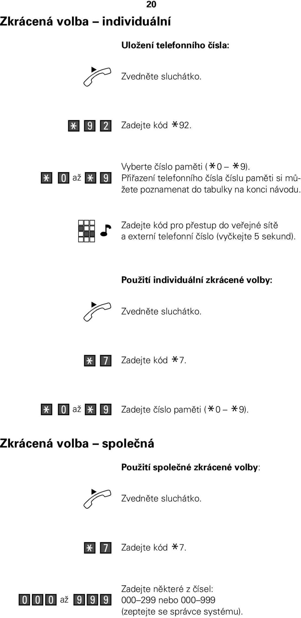 pro přestup do veřejné sítě a externí telefonní číslo (vyčkejte 5 sekund). Použití individuální zkrácené volby: 7 * 7.