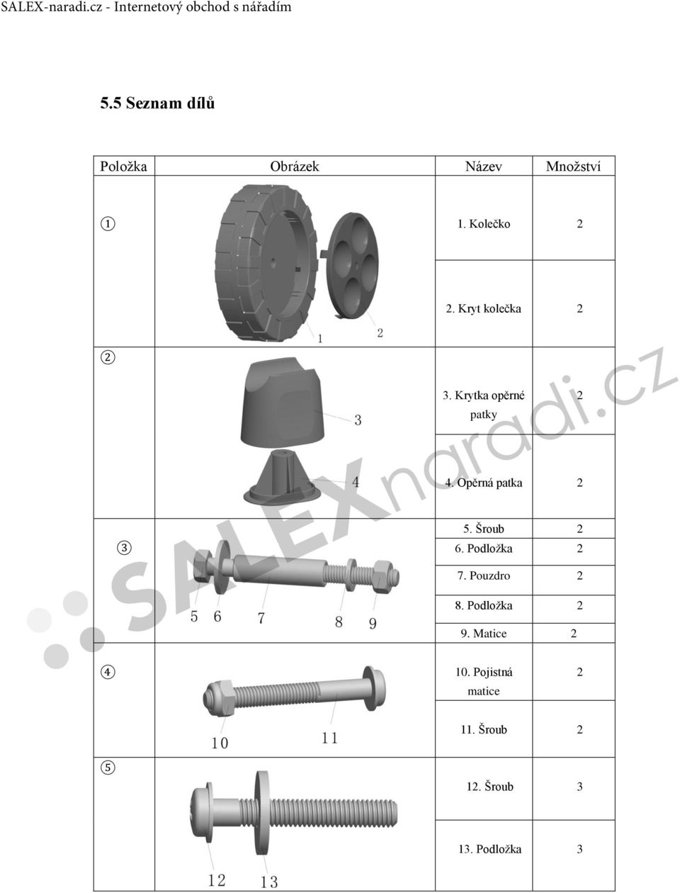 Šroub 2 6. Podložka 2 7. Pouzdro 2 8. Podložka 2 9.