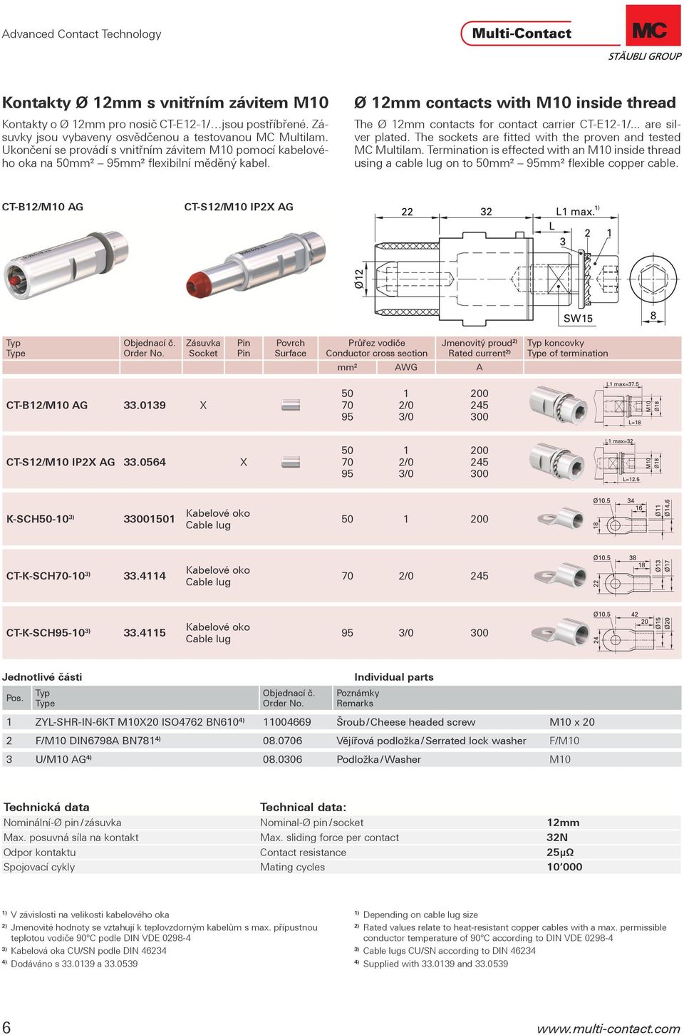 .. are silver plated. The sockets are fitted with the proven and tested MC Multilam. Termination is effected with an M10 inside thread using a cable lug on to 50mm² 95mm² flexible copper cable.