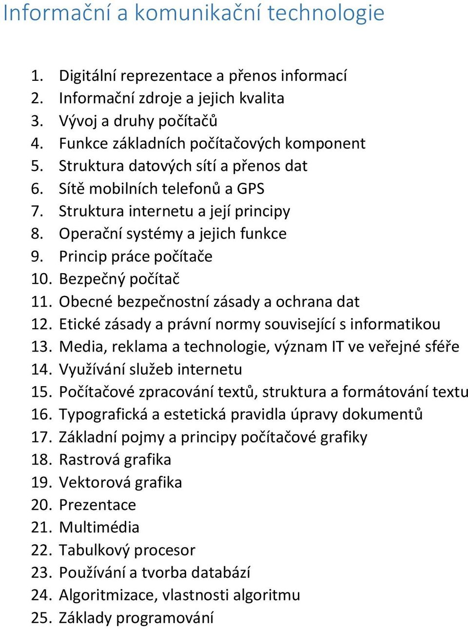 Obecné bezpečnostní zásady a ochrana dat 12. Etické zásady a právní normy související s informatikou 13. Media, reklama a technologie, význam IT ve veřejné sféře 14. Využívání služeb internetu 15.