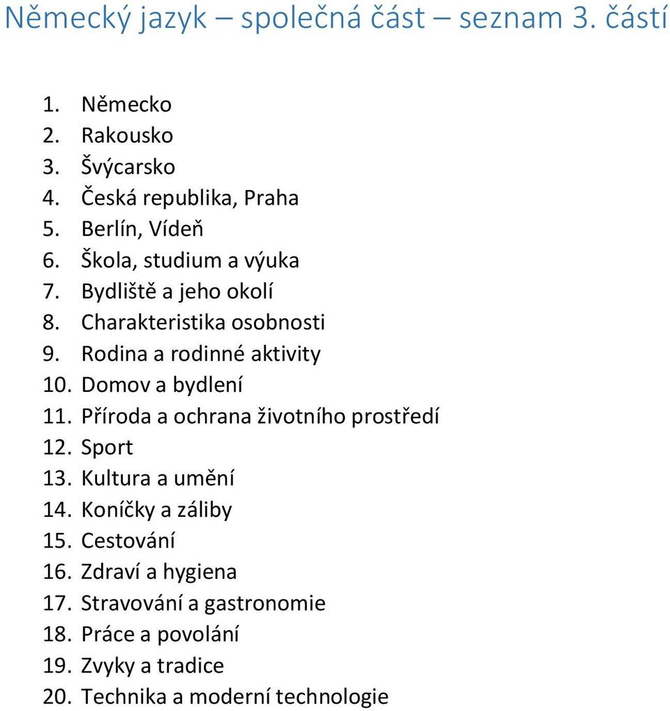 Rodina a rodinné aktivity 10. Domov a bydlení 11. Příroda a ochrana životního prostředí 12. Sport 13. Kultura a umění 14.