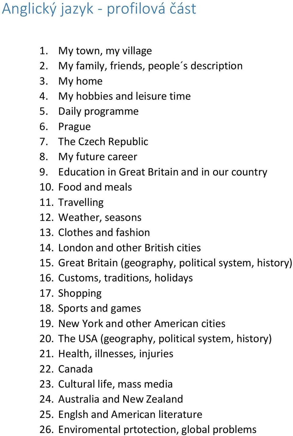 Great Britain (geography, political system, history) 16. Customs, traditions, holidays 17. Shopping 18. Sports and games 19. New York and other American cities 20.