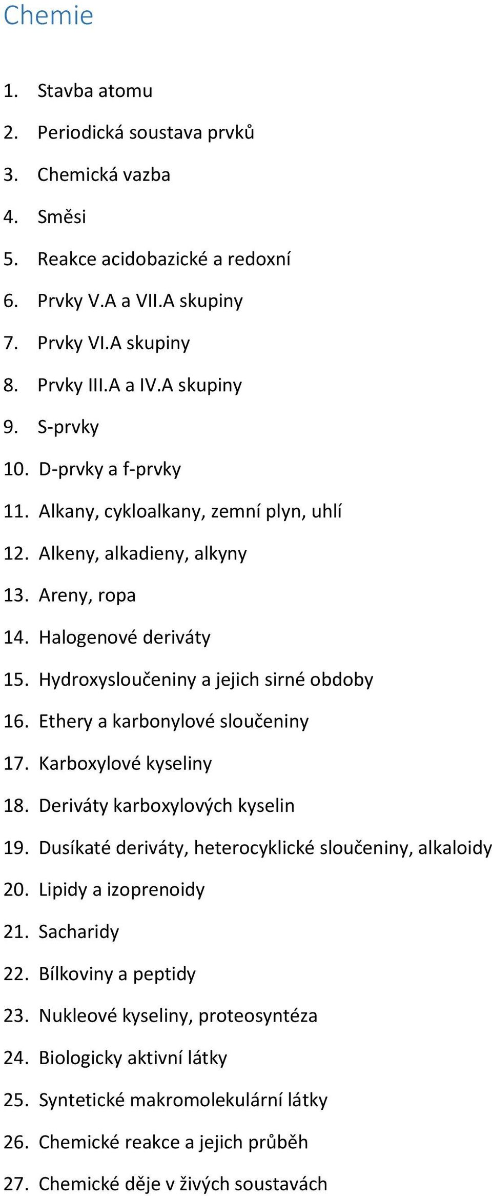 Ethery a karbonylové sloučeniny 17. Karboxylové kyseliny 18. Deriváty karboxylových kyselin 19. Dusíkaté deriváty, heterocyklické sloučeniny, alkaloidy 20. Lipidy a izoprenoidy 21. Sacharidy 22.