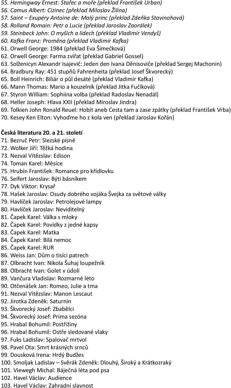Orwell George: 1984 (překlad Eva Šimečková) 62. Orwell George: Farma zvířat (překlad Gabriel Gossel) 63. Solženicyn Alexandr Isajevič: Jeden den Ivana Děnisoviče (překlad Sergej Machonin) 64.