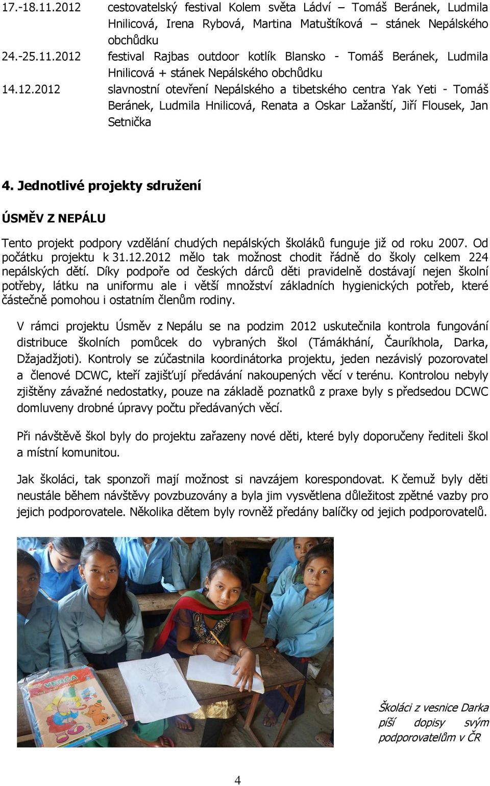 Jednotlivé projekty sdružení ÚSMĚV Z NEPÁLU Tento projekt podpory vzdělání chudých nepálských školáků funguje již od roku 2007. Od počátku projektu k 31.12.