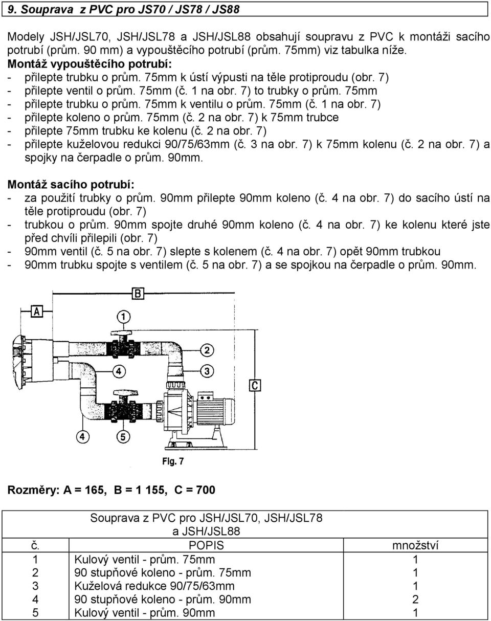 75mm k ventilu o prům. 75mm (č. na obr. 7) - přilepte koleno o prům. 75mm (č. na obr. 7) k 75mm trubce - přilepte 75mm trubku ke kolenu (č. na obr. 7) - přilepte kuželovou redukci 90/75/63mm (č.