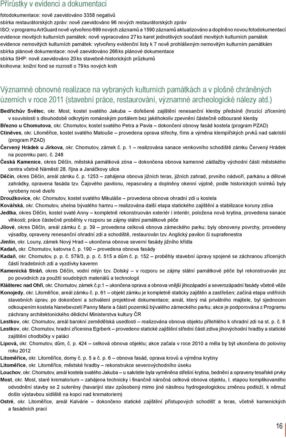 památek evidence nemovitých kulturních památek: vytvořeny evidenční listy k 7 nově prohlášeným nemovitým kulturním památkám sbírka plánové dokumentace: nově zaevidováno 266 ks plánové dokumentace