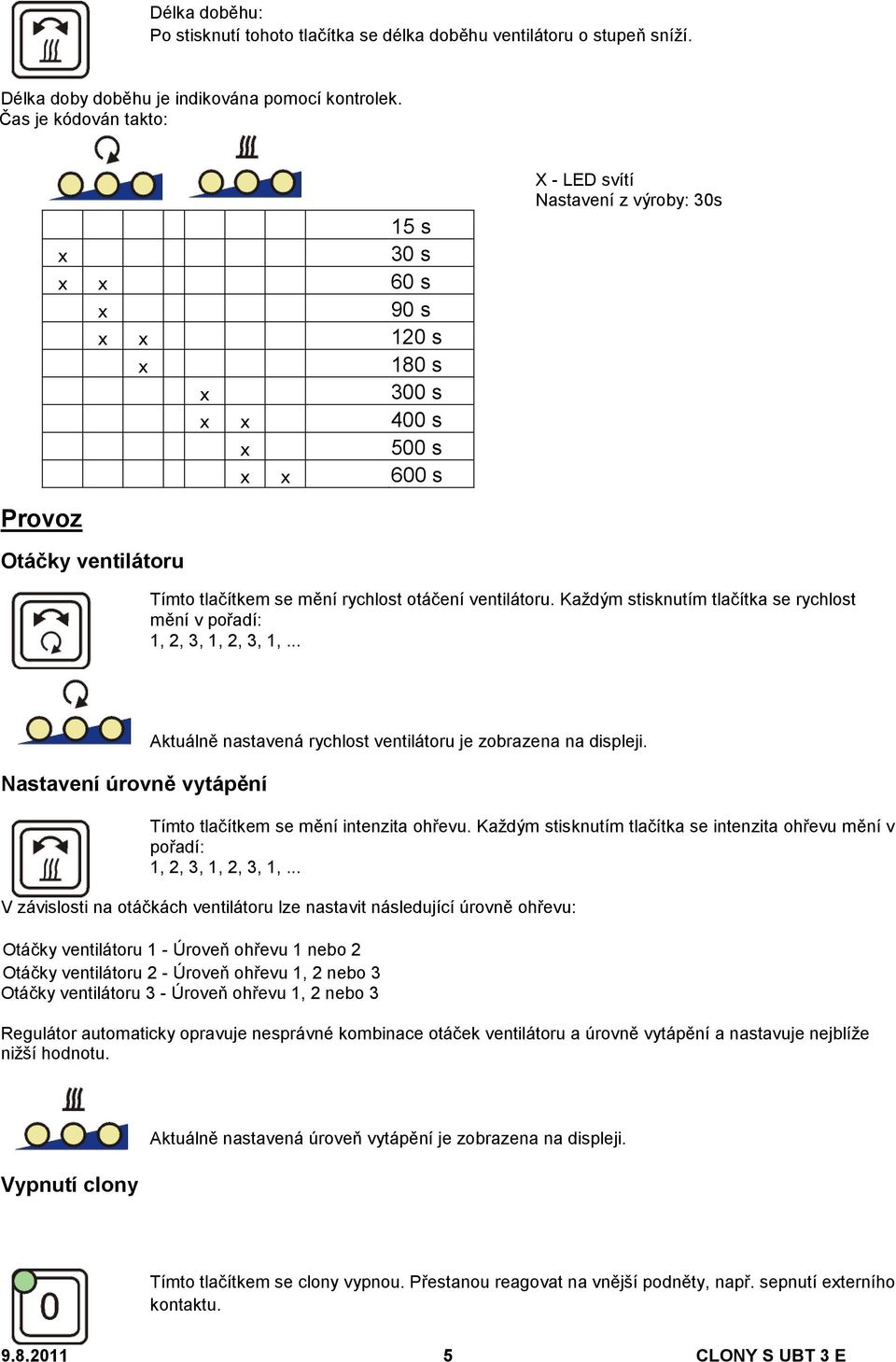 Každým stisknutím tlačítka se rychlost mění v pořadí: 1, 2, 3, 1, 2, 3, 1,... Nastavení úrovně vytápění Aktuálně nastavená rychlost ventilátoru je zobrazena na displeji.