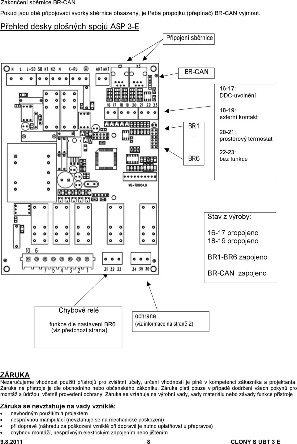 . BR6 18-19: eterní kontakt 20-21: prostorový termostat 22-23: bez funkce Stav z výroby: 16-17 propojeno 18-19 propojeno BR1-BR6 zapojeno BR-CAN zapojeno Chybové relé funkce dle nastavení BR6 (viz.