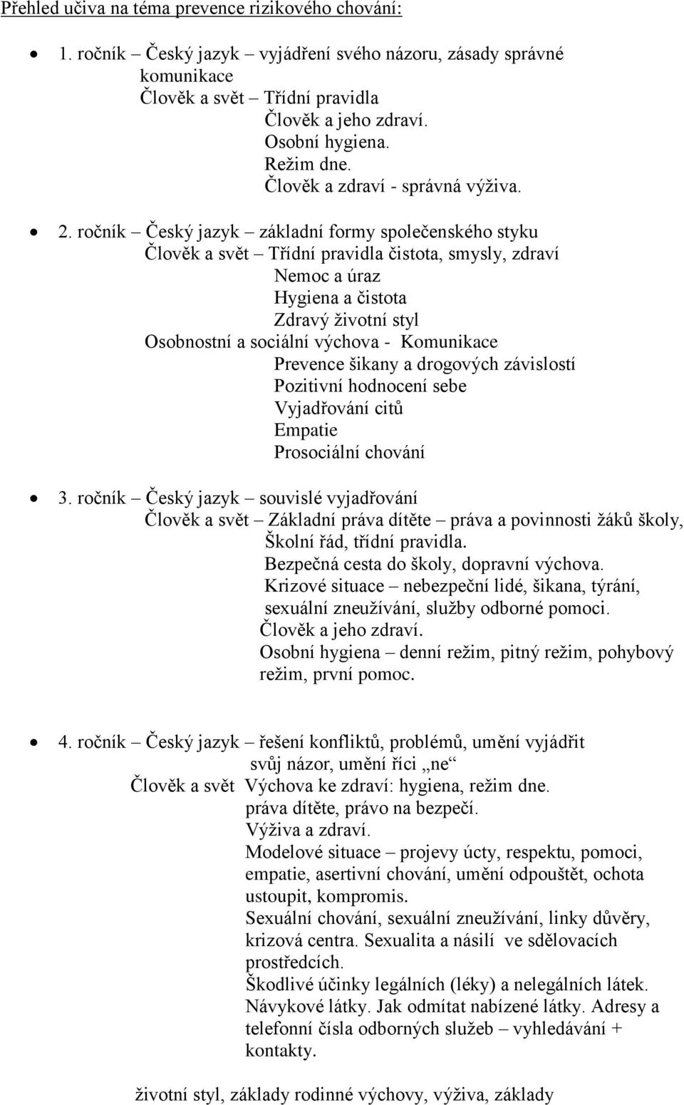 ročník Český jazyk základní formy společenského styku Člověk a svět Třídní pravidla čistota, smysly, zdraví Nemoc a úraz Hygiena a čistota Zdravý životní styl Osobnostní a sociální výchova -