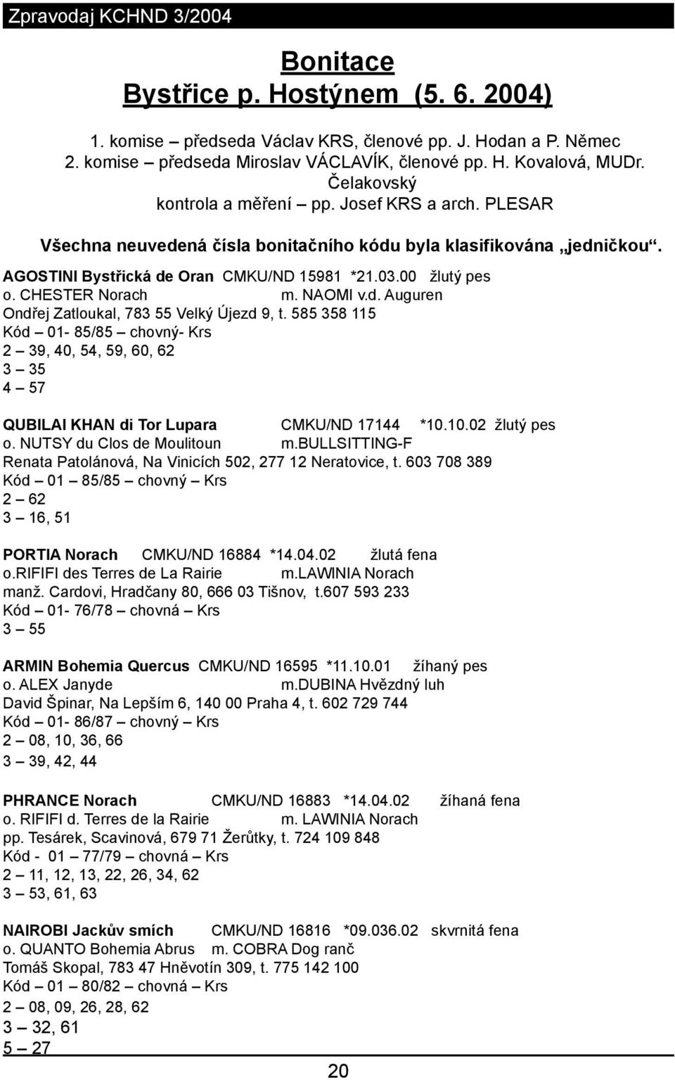 CHESTER Norach m. NAOMI v.d. Auguren Ondřej Zatloukal, 783 55 Velký Újezd 9, t. 585 358 115 Kód 01-85/85 chovný- Krs 2 39, 40, 54, 59, 60, 62 3 35 4 57 QUBILAI KHAN di Tor Lupara CMKU/ND 17144 *10.