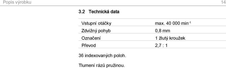 40 000 min -1 Zdvižný pohyb 0,8 mm Označení