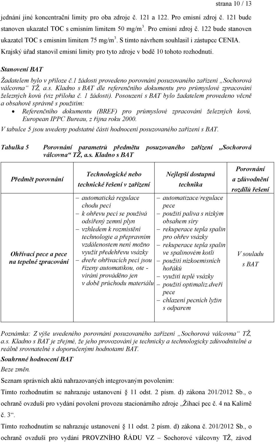 1 žádosti provedeno porovnání posuzovaného zařízení Sochorová válcovna TŽ, a.s. Kladno s BAT dle referenčního dokumentu pro průmyslové zpracování železných kovů (viz příloha č. 1 žádosti).