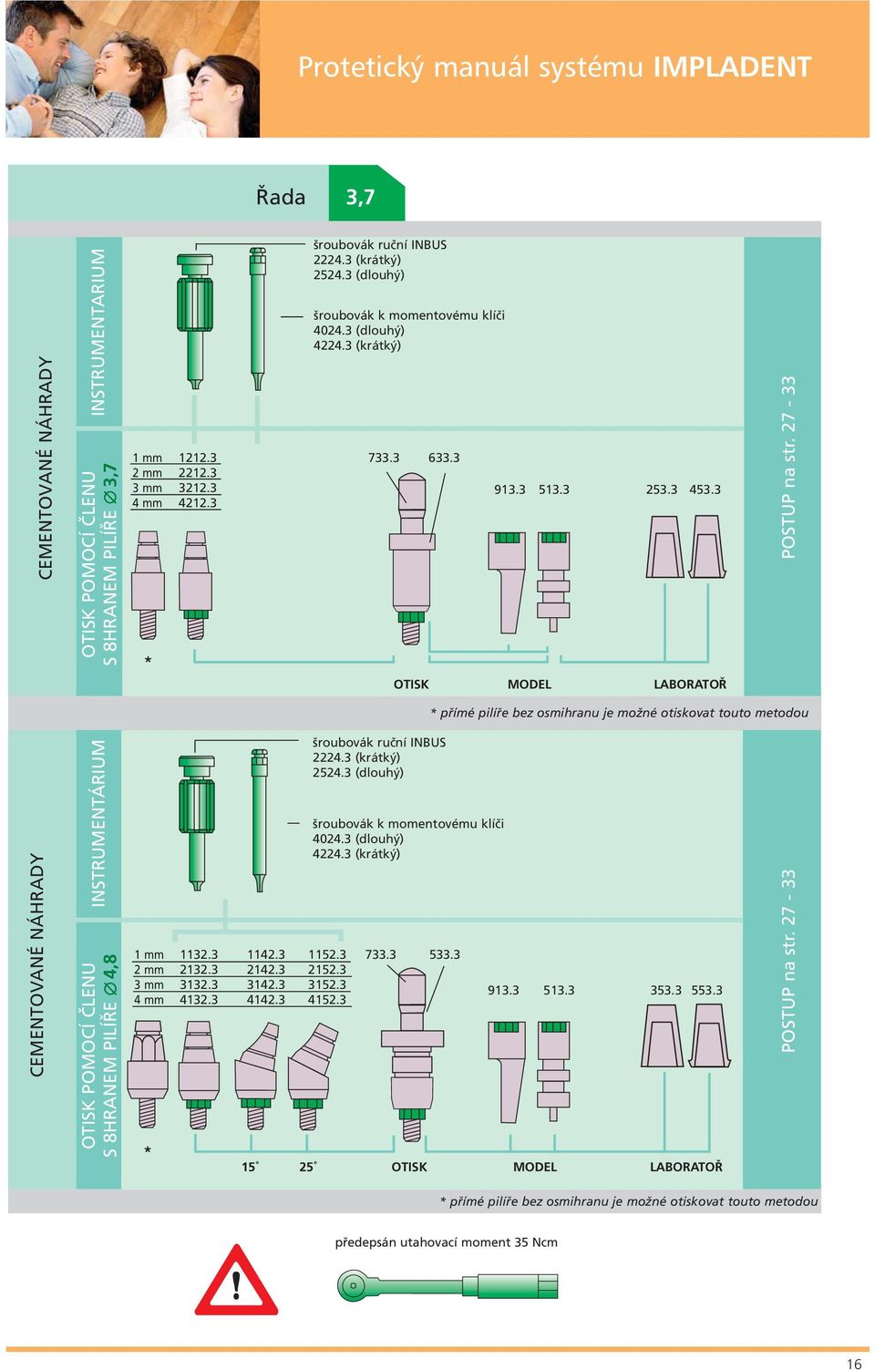 27-33 OTISK MODEL LABORATOŘ * přímé pilíře bez osmihranu je možné otiskovat touto metodou CEMENTOVANÉ NÁHRADY INSTRUMENTÁRIUM OTISK POMOCÍ ČLENU S 8HRANEM PILÍŘE 4,8 1 mm 2 mm 3 mm 4 mm 1132.3 2132.