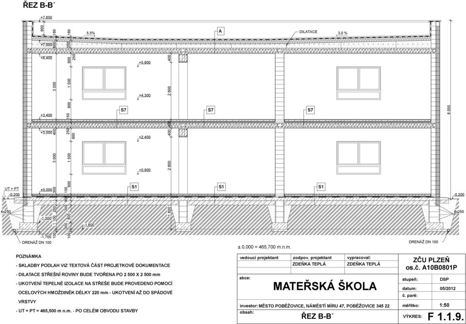 n.m. S7 S 8 050-0,200 4x250 POZNÁMKA - SKLADBY PODLAH VIZ TEXTOVÁ ČÁST PROJETKOVÉ DOKUMENTACE - DILATACE STŘEŠNÍ ROVINY BUDE TVOŘENA PO 2500 X 2500 mm - UKOTVENÍ TEPELNÉ IZOLACE NA STŘEŠE BUDE