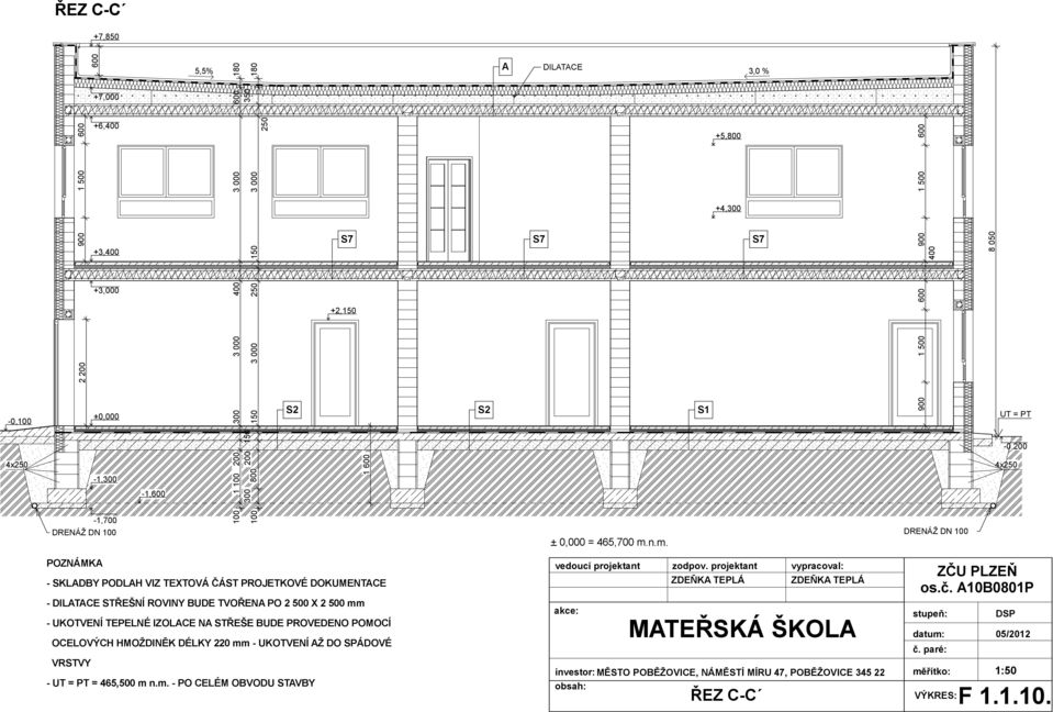 n.m. 900 500 600 900 500 600 400 8 050 UT = PT -0,200 4x250 POZNÁMKA - SKLADBY PODLAH VIZ TEXTOVÁ ČÁST PROJETKOVÉ DOKUMENTACE - DILATACE STŘEŠNÍ ROVINY BUDE TVOŘENA PO 2500 X 2500 mm - UKOTVENÍ